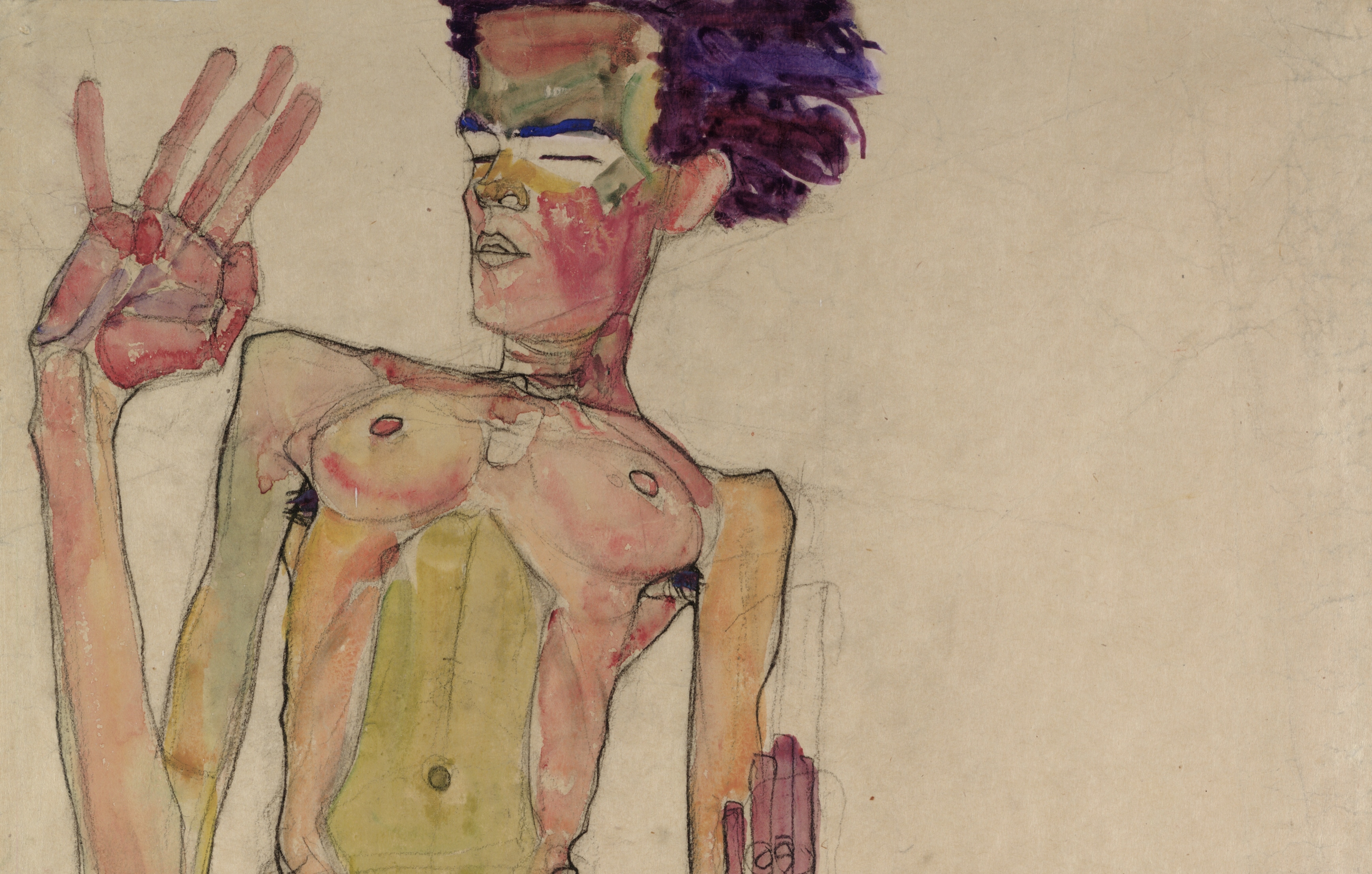 Egon Schiele (1890-1918) Kneeling Nude with Raised Hands  (Self-Portrait), 1910 Black chalk and gouache on paper 63 x 45 cm The Leopold Museum, Vienna, courtesy of The Courtauld Gallery