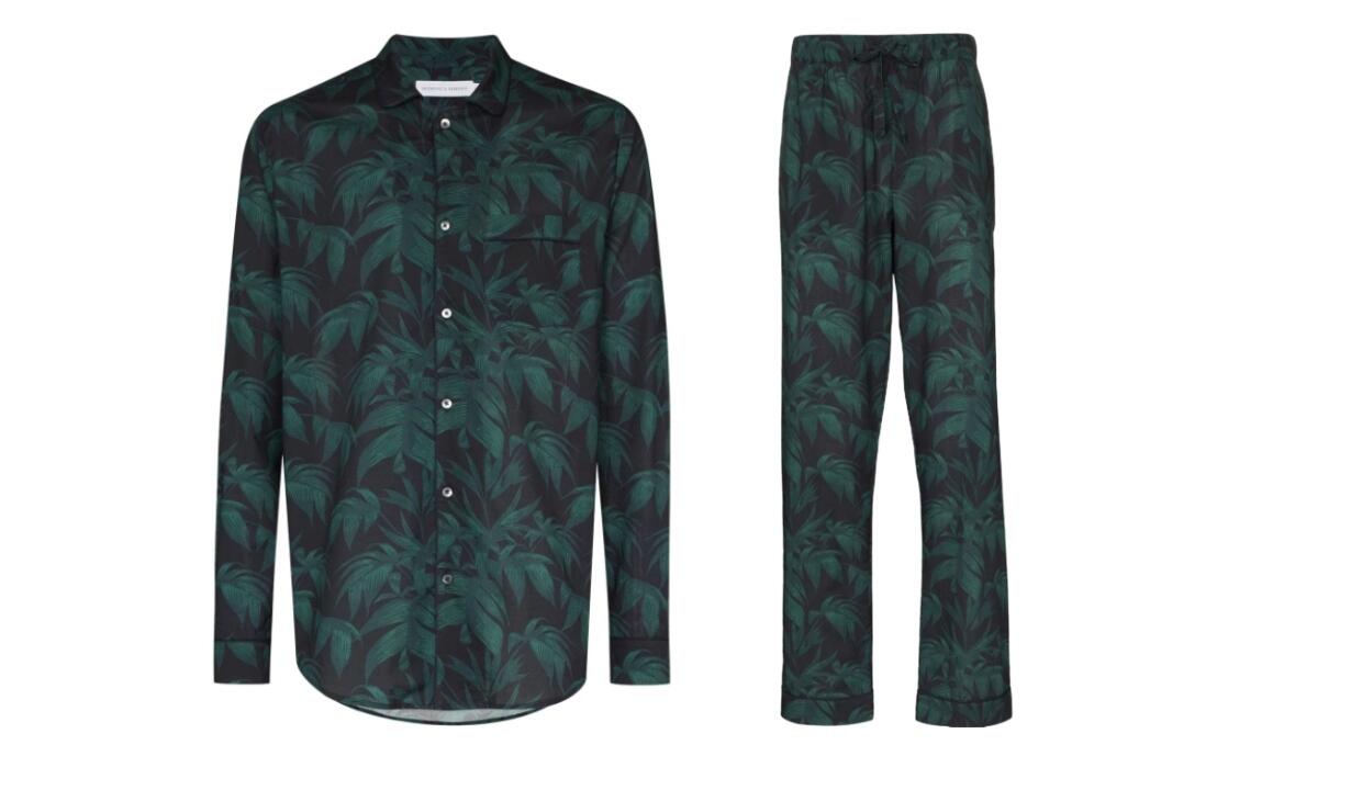 Desmond & Dempsey palm tree print long-sleeve pyjama shirt, £90, and trousers, £85