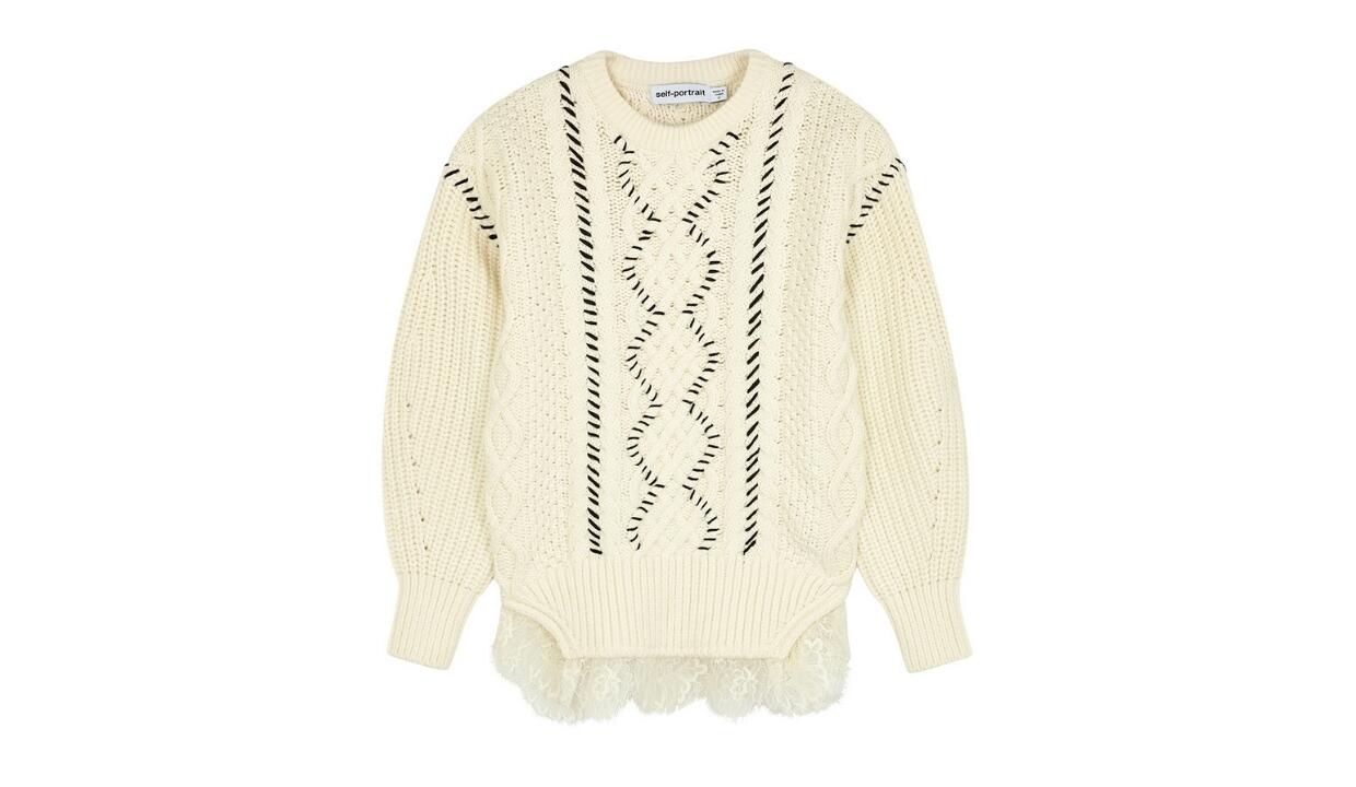 Self Portrait ivory lace-trimmed cable-knit jumper, £260