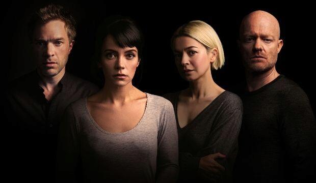 2:22 – A Ghost Story, Noël Coward Theatre. Photo left to right: Hadley Fraser, Lily Allen, Julia Chan and Jake Wood