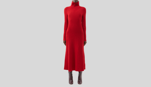  High-neck ribbed-knit cashmere midi dress