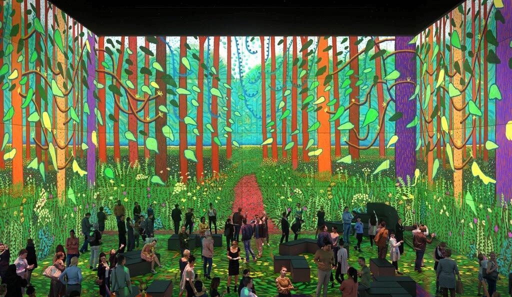 Installation of David Ho ckney's "The Arrival of Spring in Woldgate, East Yorkshire in 2011 (twenty eleven)" O il on 32 canvas es (36 x 48" each) , 144 x 384" overall , © David Hockney