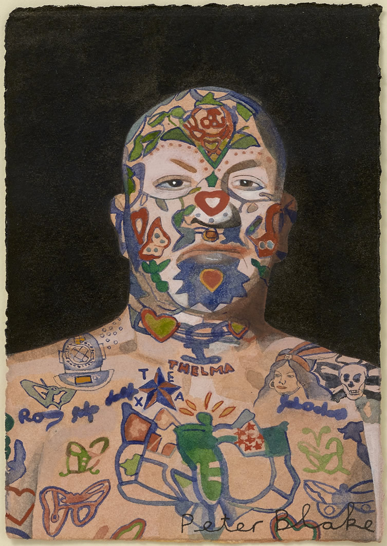 Peter Blake, Tattooed Man 5, 2015,watercolour, 15.1 x 10cm, courtesy the artist and Waddington Custot Galleries.
